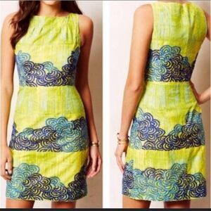 Anthropologie‎ Tabitha Azure Scroll Chartreuse Shift Womens Lined Dress Size 4